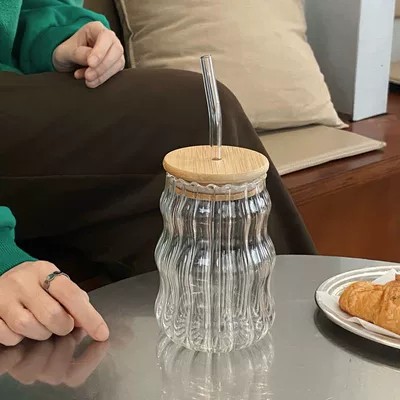 Borosilicato de vidrio a rayas Caterpillar taza de paja taza de café de leche de alta apariencia con tapa y taza de jugo de paja