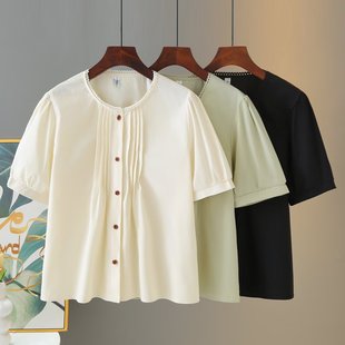 2025 Summer Lace Collar Shirt Short-Sleeved Plus Size Women's Pleated Cardigan Elegant Slimming Look Fat mm Shirt 25008