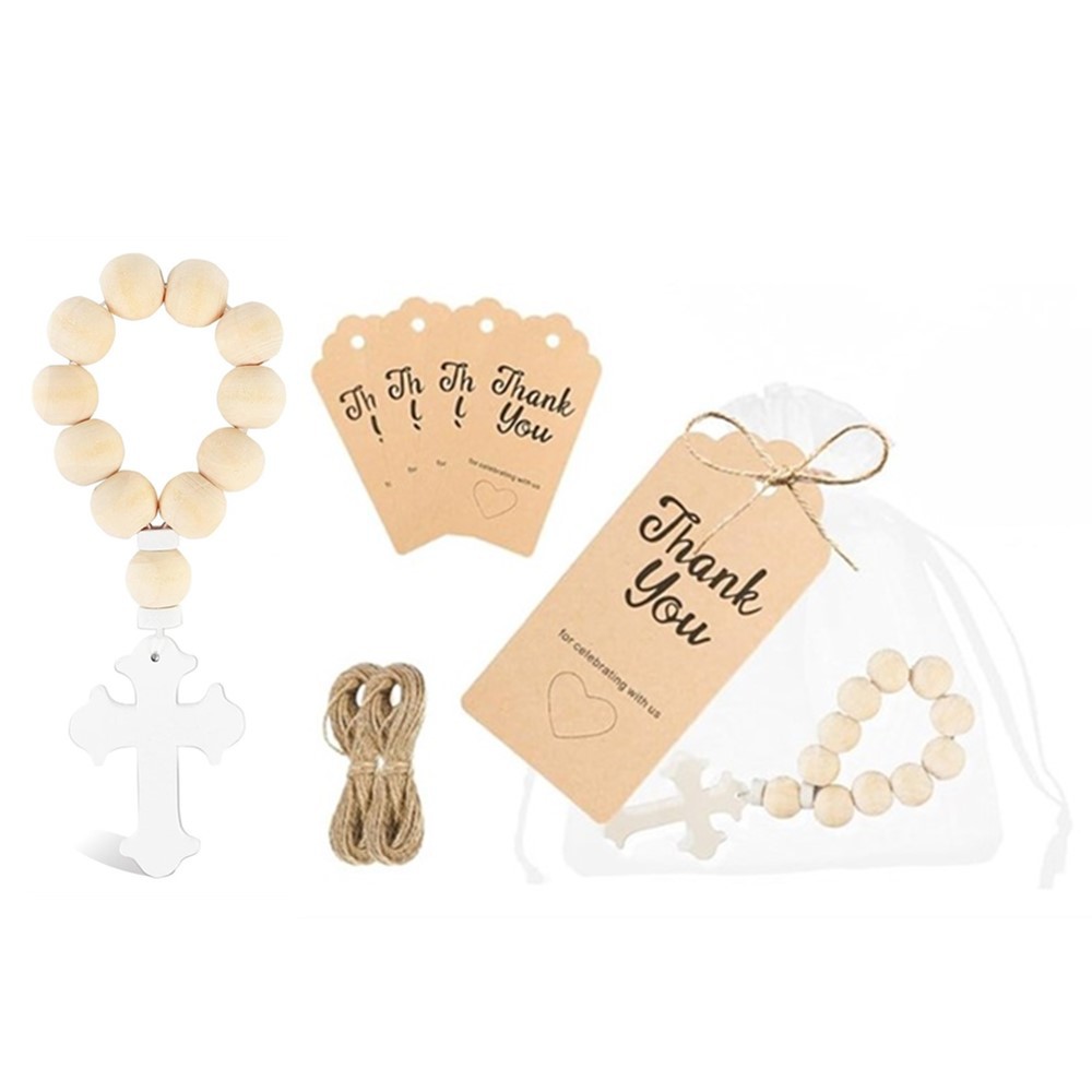 Cross-border spot comercio exterior cruz de madera bautismo conjunto de cuentas y bolsas de malla blanca rosario cuentas de madera