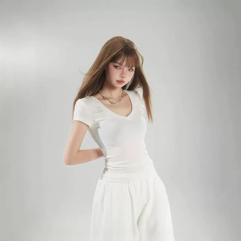 YC&3色美式复古v领基础t恤百搭修身显瘦欧美简约上衣短袖白色上衣