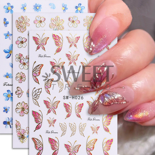 Cross-border new nail art stickers wholesale ins spring and summer golden edge flowers butterfly cherry blossom 3D adhesive nail stickers