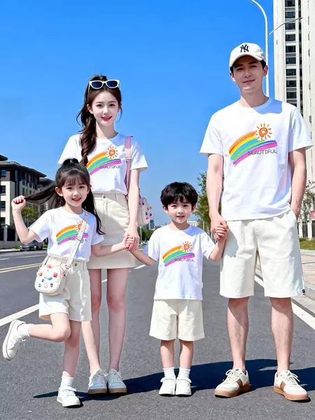 Popular Family Matching Outfits: Sunshine Seven-Color Rainbow School Sports Meeting Class Uniforms, Short-Sleeved T-Shirts for Families of Three or Four, Pure Cotton