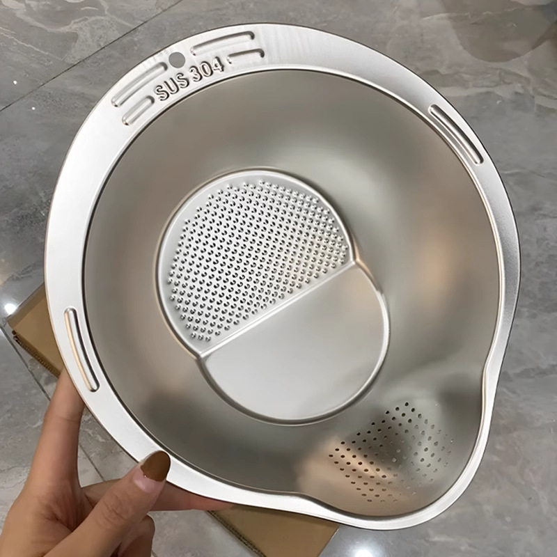 Stainless Steel Draining Basket Multifunctional Grater Basin Rice Washing Sieve Kitchen Special Rice Washing Basin Vegetable Cutter Tool with Slanted Bottom