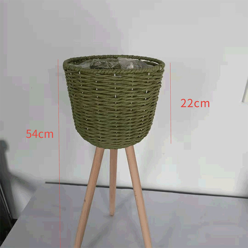 Piso de La Flor soporte de madera pierna piso flor soporte tejida flor olla sala de estar balcón decoración flor cesta paja tejido piso soporte