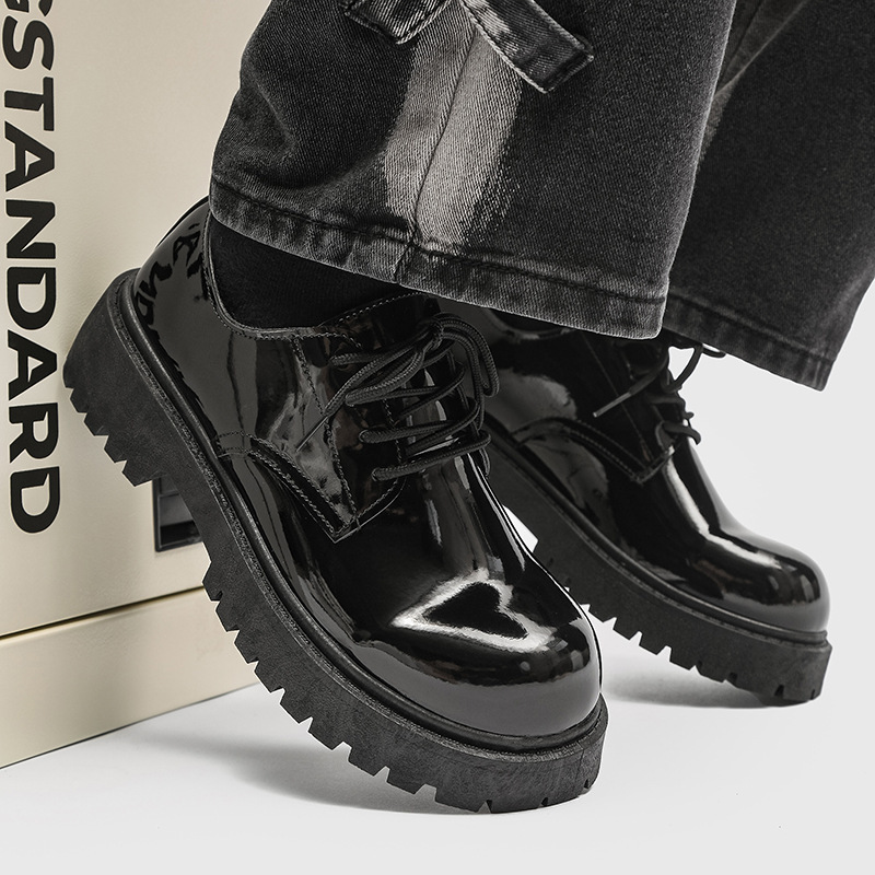 ShoeVault Casual Pelle Autunno Inverno Nuovo Nero Lucido Business Alluce Derby Niche Basso Suola Spessa Altezza Aumentante Uomo_voghion.com