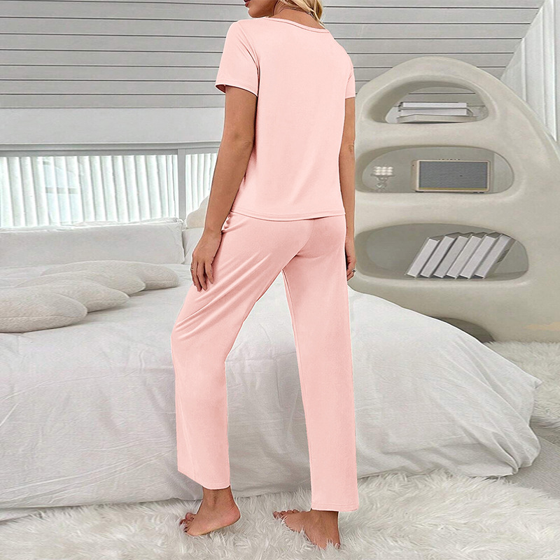 Women's Autumn Pajama Set European American Style Casual Two Piece Sleepwear With Short Sleeved Top And Long Pants Can Be Worn Outside_voghion.com