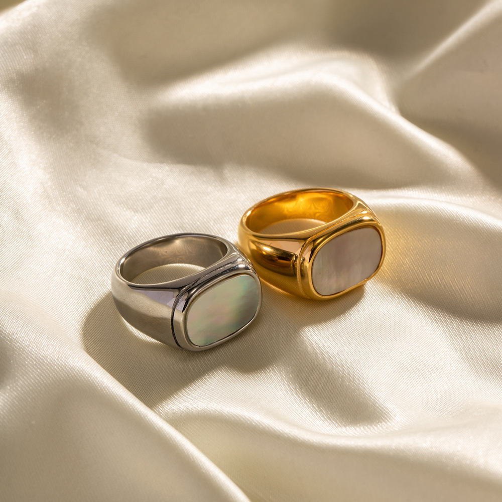 Anillo blanco rectangular transfronterizo europeo y americano 18k oro chapado al vacío anillo de bodas de acero inoxidable anillo de pareja