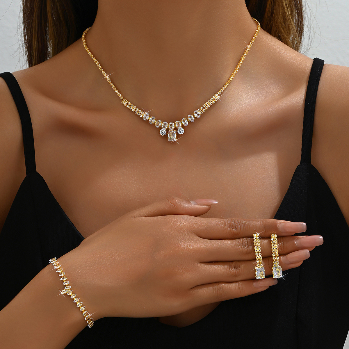 Family Gathering, Evening Party, Date Occasion Wholesale Jewelry Elegant Streetwear Geometric Copper Rhinestones Bracelets Earrings Necklace Tennis Chain
