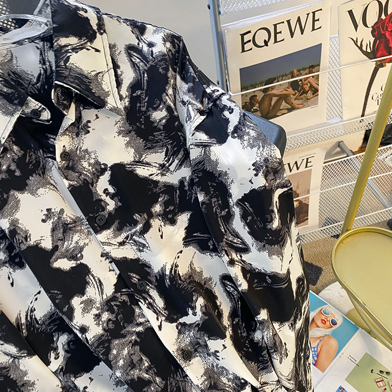 Camisa de verano para hombre de manga larga delgada drapeado camisa de protección solar sin planchar volantes guapo camisa impresa de pintura de tinta de alto grado