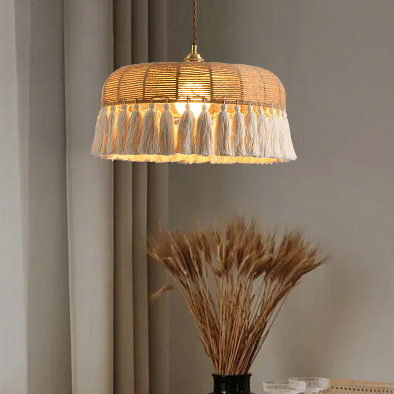 Viento tranquilo retro sala de estar candelabro tela bohemiana frisa creativa lámpara de dormitorio principal lámpara de comedor japonesa