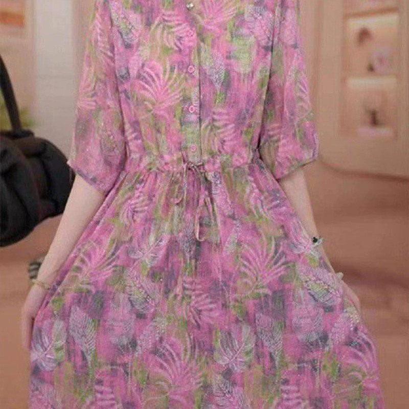 Летнее платье для мамы 2025 года, шифоновое, драпированное, на шнуровке, модное, с цветочным принтом, три четверти рукава, с поясом.
