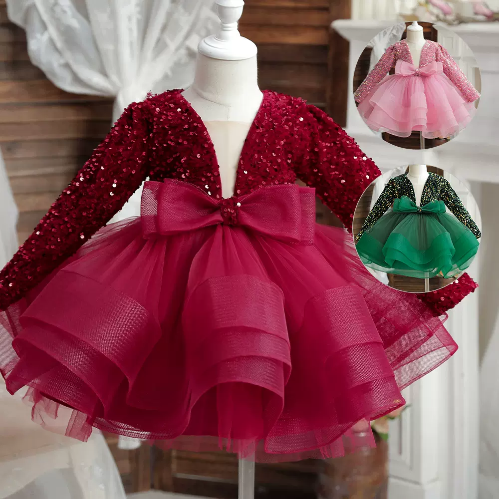 儿童公主裙女童高端礼服主持人钢琴演出服花童宝宝亮片网纱蓬蓬裙