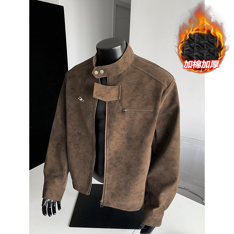 American-Style Tie-Dye Straight-Shoulder Jacket, Men's Winter Thickened Short Pu Leather Coat, High-End Stand-Collar Biker Cotton Jacket American-Style Tie-Dye Straight-Shoulder Jacket, Men's Winter Thickened Short Pu Leather Coat, High-End Stand-Collar Biker Cotton Jacket