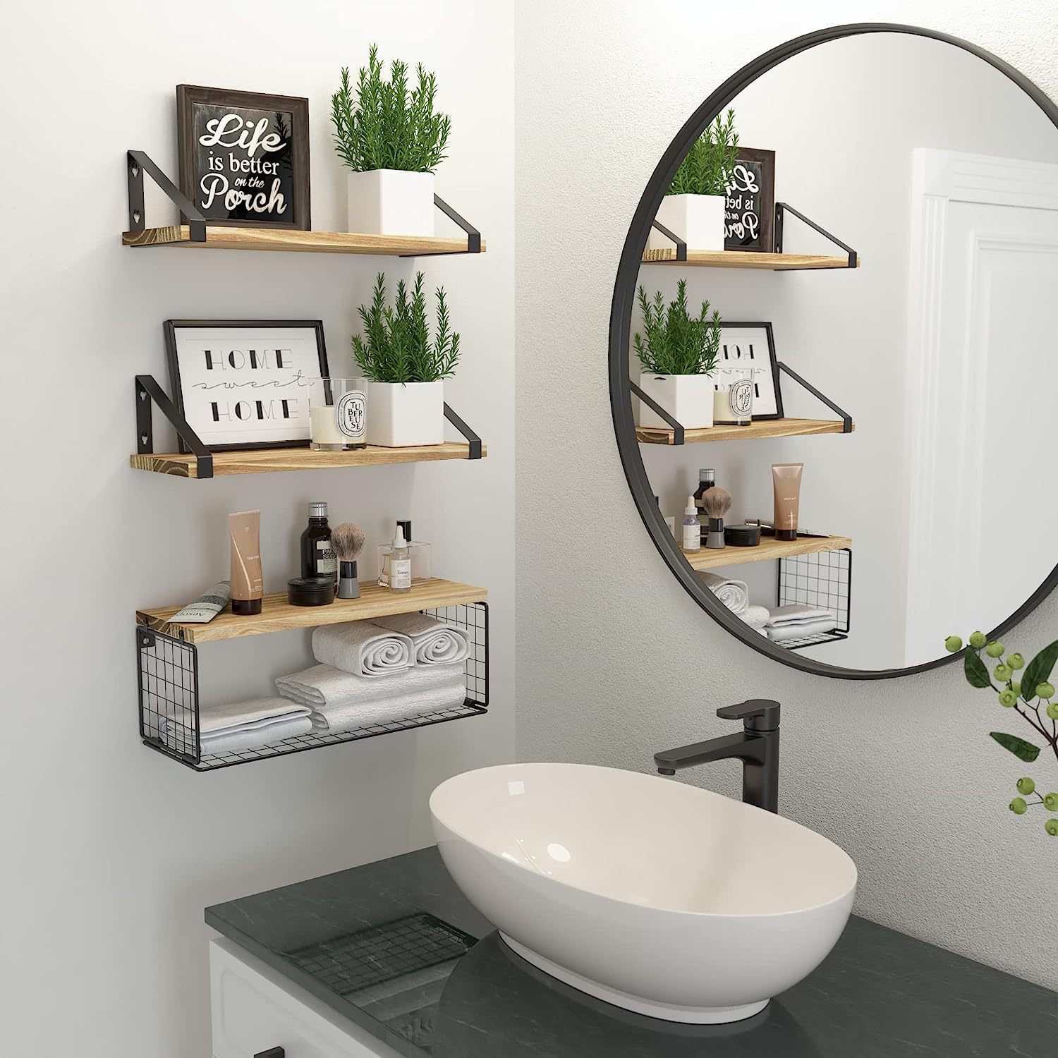 Estante flotante montado en la pared con canasta de almacenamiento, canasta, toallero, estante de metal, cocina, baño, estante de almacenamiento de madera image 6
