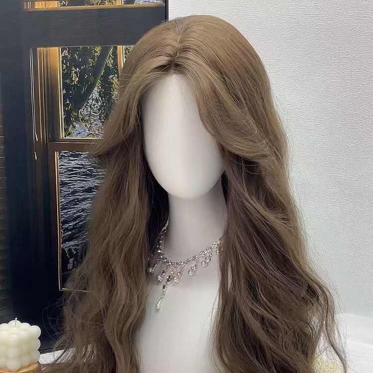 Cabello largo rizado marrón castaño gancho de mano de la frente encaje blanqueador sensación de atmósfera natural peluca A06