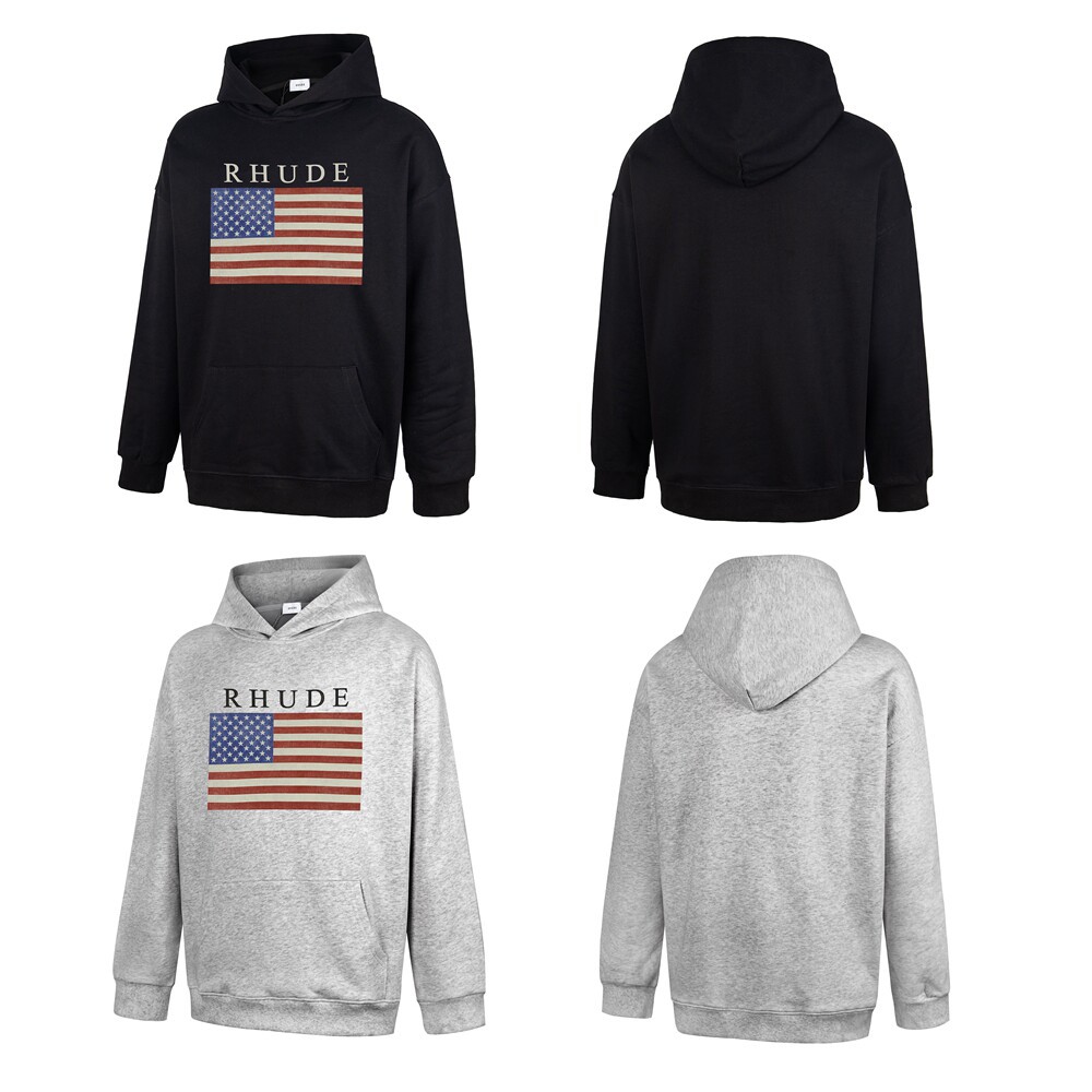 RHUDE new collection: flag-letter logo print, trendy and stylish oversized casual hoodie, perfect for streetwear