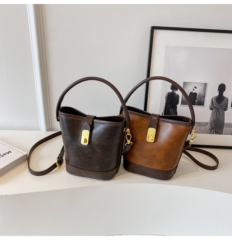 New Women's Bag Maillard Handheld Bag Women's Retro Contrast Color Bucket Bag Small and Versatile One Shoulder Crossbody Bag_voghion.com