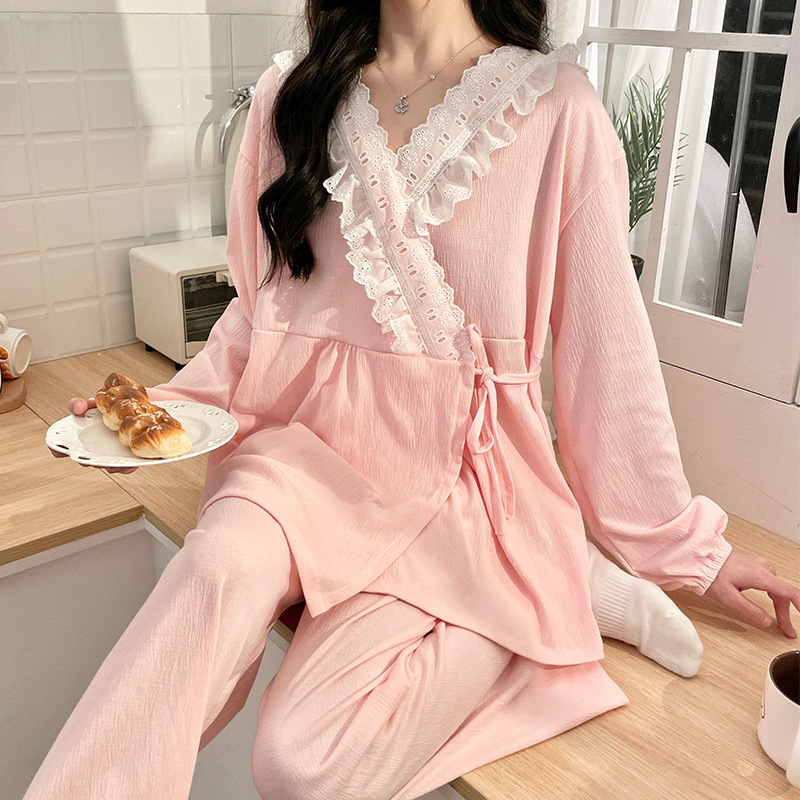 해피 문 봄 새로운 임산부 비모노 면 크레페 문 의류 임신 여성 수유 땀 흡수 통기성 파자마 세트