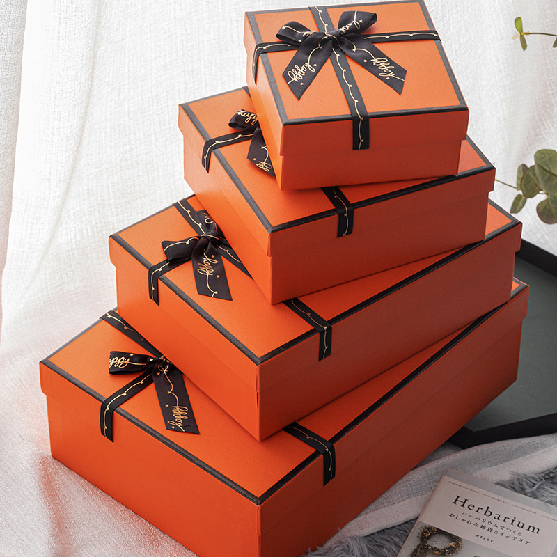 现货爱马仕橙色礼品盒黑色蝴蝶结化妆品女士包包礼品盒天地盖盒子