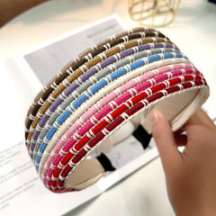 韓新款彩虹編織寬邊發箍女 多色拼接民族風壓發加長洗臉發卡頭箍