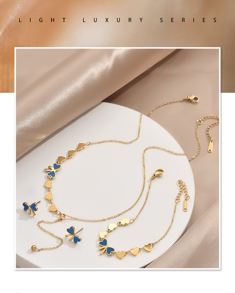 15g Weight 0.03µm Gold Plating Thickness Electroplated Gold Plating Process 18K Real Gold Plated Plating Material Resin Inlay Material Real Gold Plated Heart Shape Bow Knot Titanium Steel Sweet IG Style Waterproof Non Tarnish Jewelry Set