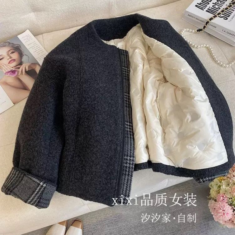 Wool-blend gray apricot-colored Chanel-style down jacket 2024 model, French-style down lining with lamb wool trim jacket