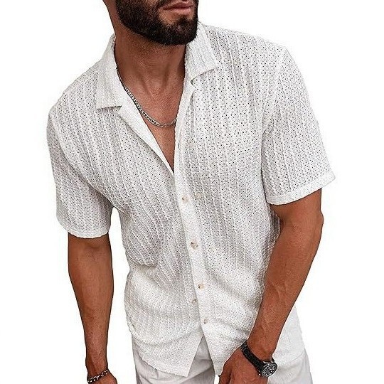 2026 Summer Men's Short-Sleeve Shirt With Knitted Lattice Design, Breathable Casual Pure-Color Collar_viptrois.com
