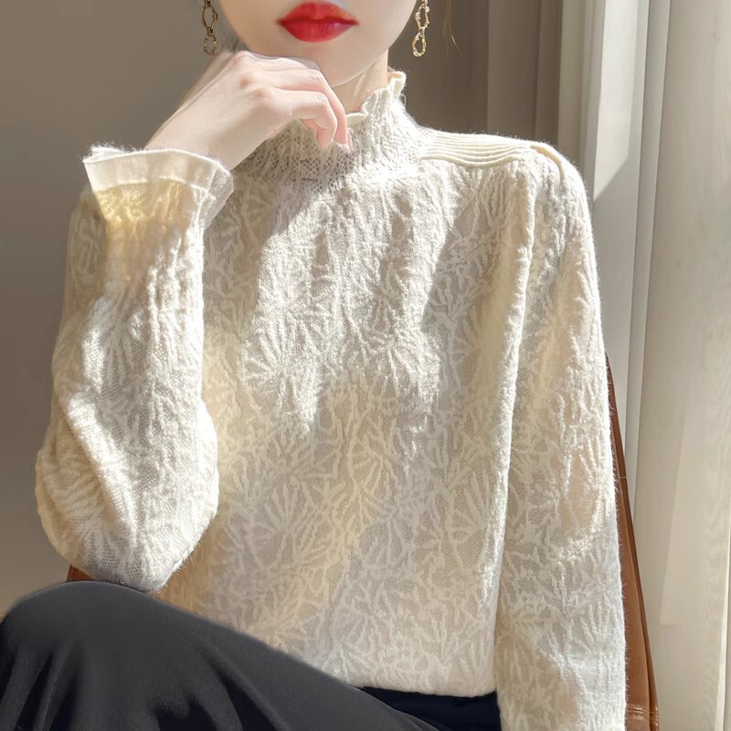 2024 Autumn/Winter New Style Chanel-Inspired Lace Ruffled Half-Turtleneck Base Sweater for Women, Super Stylish Sweater Inner Layer