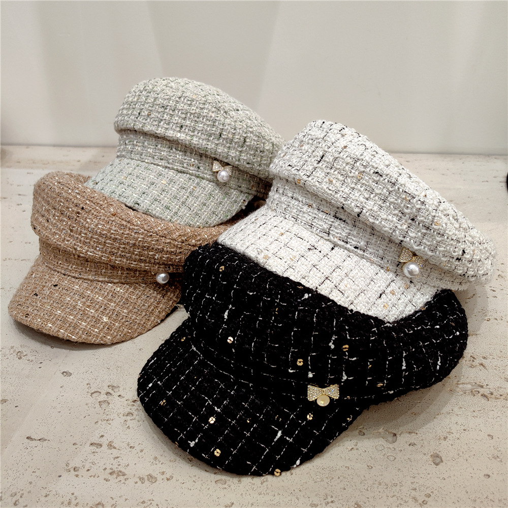 Women's Elegant Retro Plaid Rhinestone Bowknot Curved Eaves Military Hat display picture 1