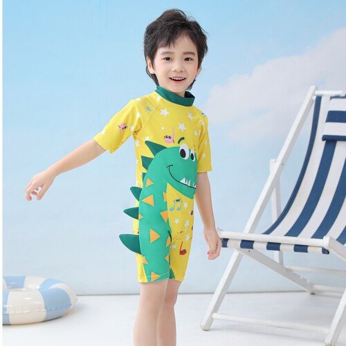 Children's swimwear for boys, one-piece swimsuit for baby boys, long-sleeved beach, sunscreen, hot spring, swimming suit with dinosaur design