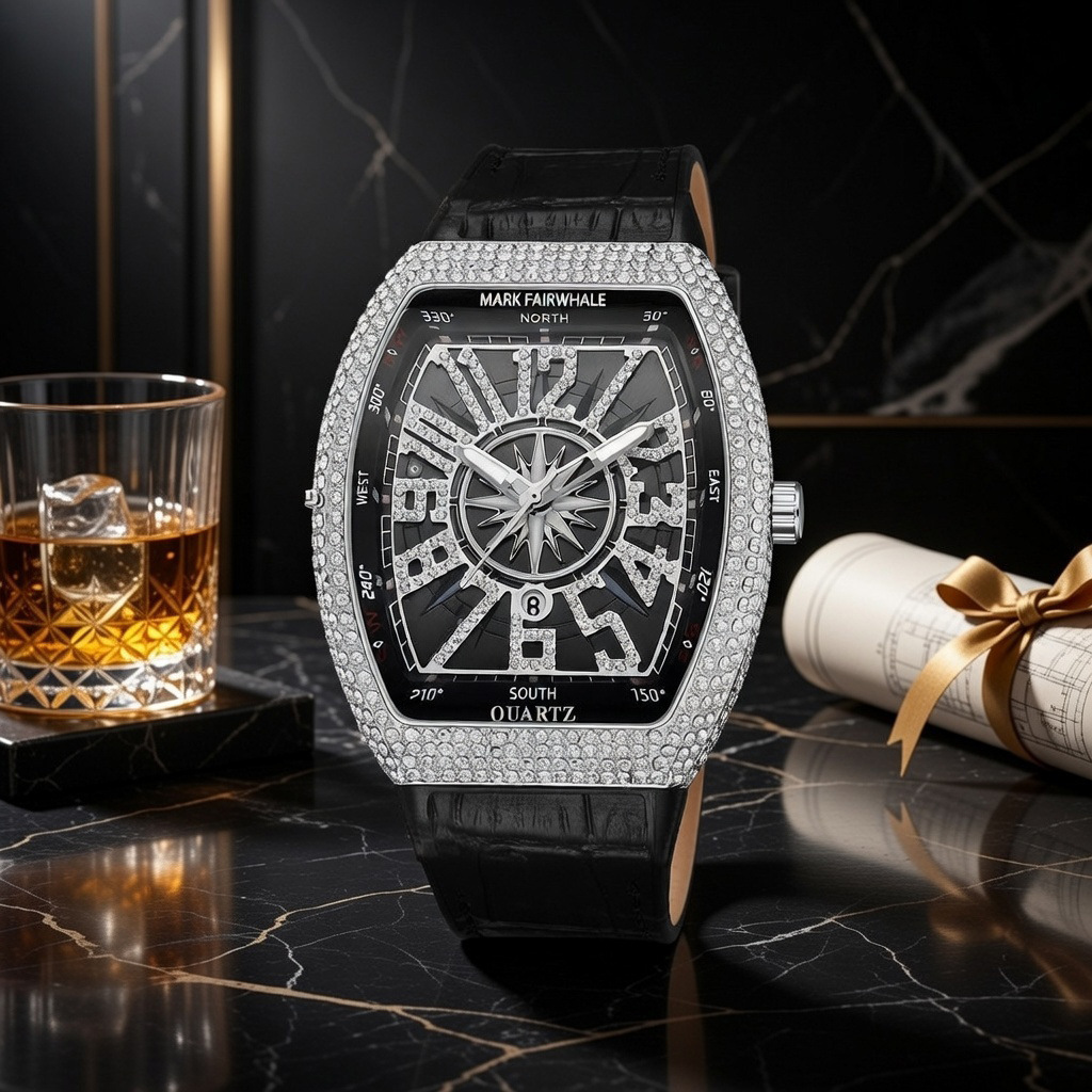 Mark Fairwhale Watch Brand Cross-Border Barrel-Shaped Full Diamond Calendar Overseas Quartz Watch