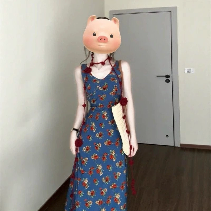 Ретро французское платье с V-образным вырезом и цветочным принтом для женщин, лето 2025, новинка для отдыха на море, безрукавное длинное платье-жилет