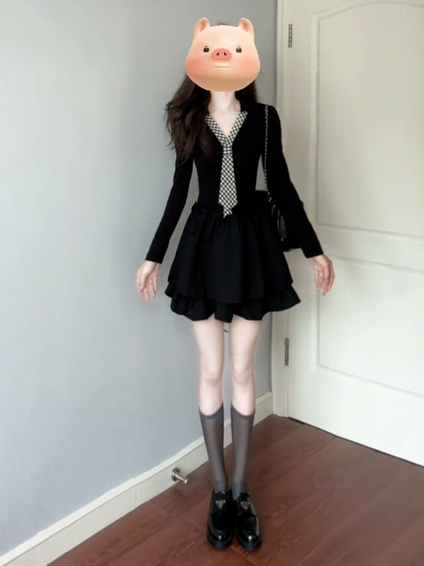 韩系巨好看长袖黑色连衣裙子女早秋季2025新学院风小个子短裙|undefined