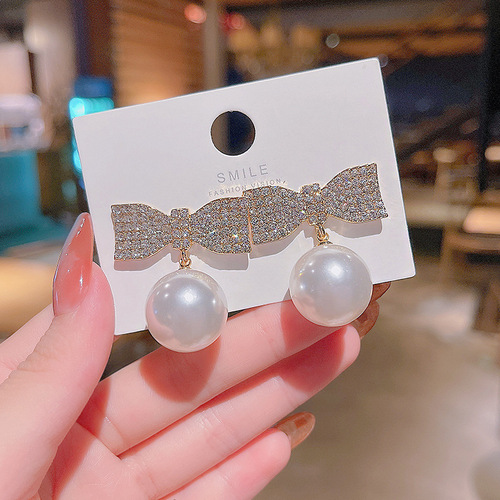 S925 Silver Needle Korean Style Exaggerated Full Diamond Bow Earrings Women's Big Pearl Personality Pendant Earrings Stud Earrings