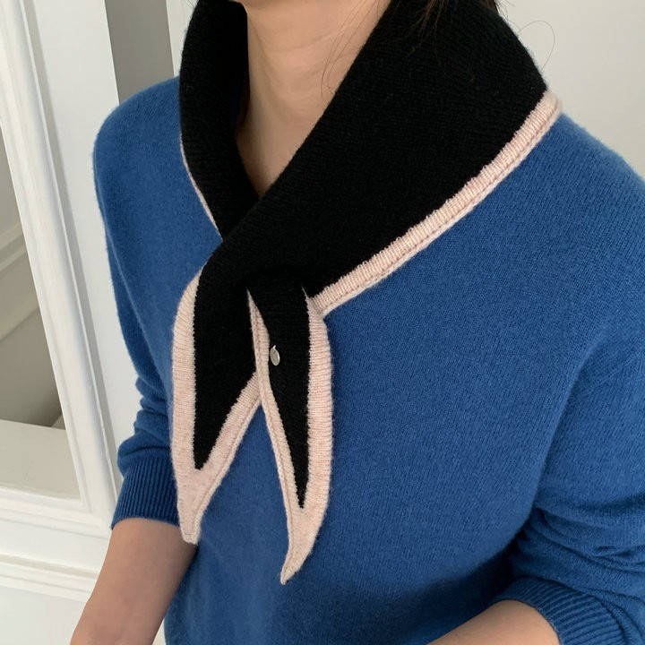 韩版新款边框拼色全羊毛针织三角巾女冬季交叉围脖保暖围巾披肩|undefined