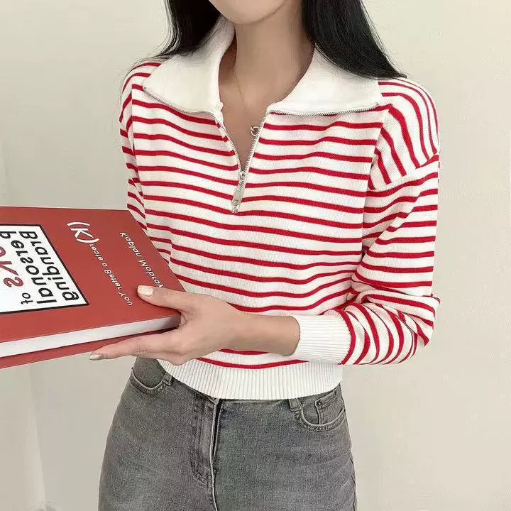 Утолщенный воротник-поло на молнии, полосатый трикотаж для женщин, осень и зима 2025, новый пуловер с лацканами контрастного цвета, короткий трикотаж для женщин