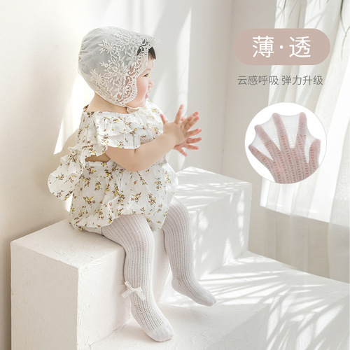 Newborn baby leggings summer ultra-thin hollow mesh bow princess girl white dance pantyhose