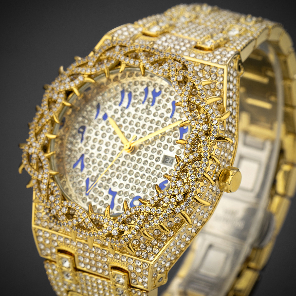 Quartz klocka solros diamant blå arabiska siffror stålband_voghion.com