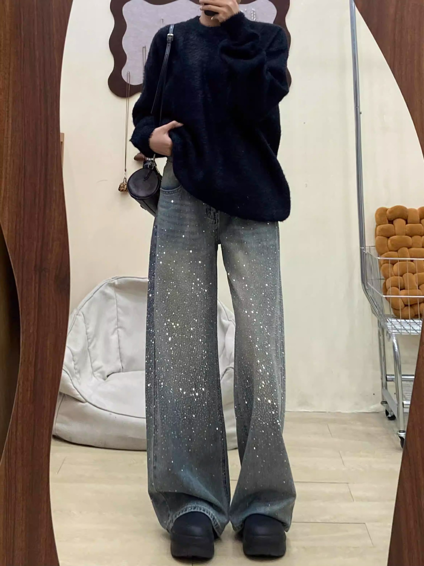Women’S High-Waisted Flared Jeans – Winter Fleece-Lined Wide-Leg Denim Pants With Rhinestone Embellishments (S-2xl, Non-Stretch Cotton, Deep Blue)​_voghion.com