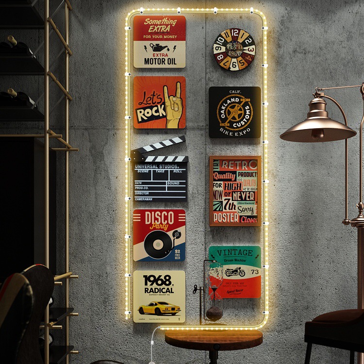 Led035 Retro Entrance Decorative Painting Wall Sticker Led Light-Emitting Decorative Record Frame Wall Hanging Sticker for Bar and Coffee Shop