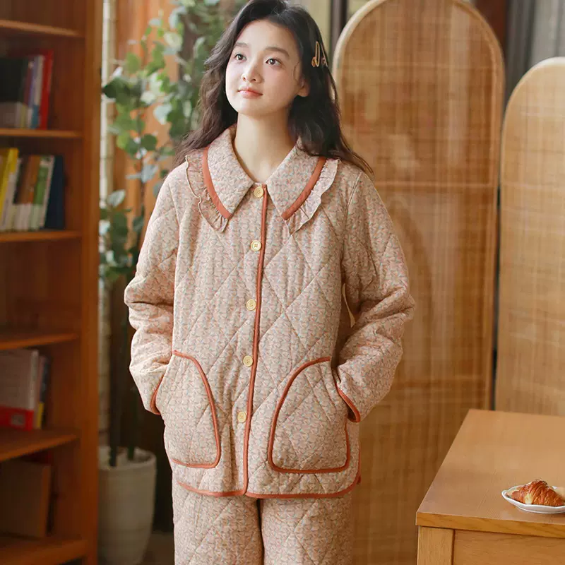 冬季新品三层保暖夹棉加厚棉袄绗棉加厚开衫长袖女士棉袄套装睡衣