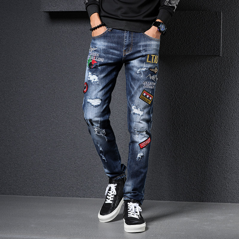 New Trendy Men's Ripped Jeans with Badge and Personalized Embroidery, Youth Autumn Style, Fashionable Patched Thick Style