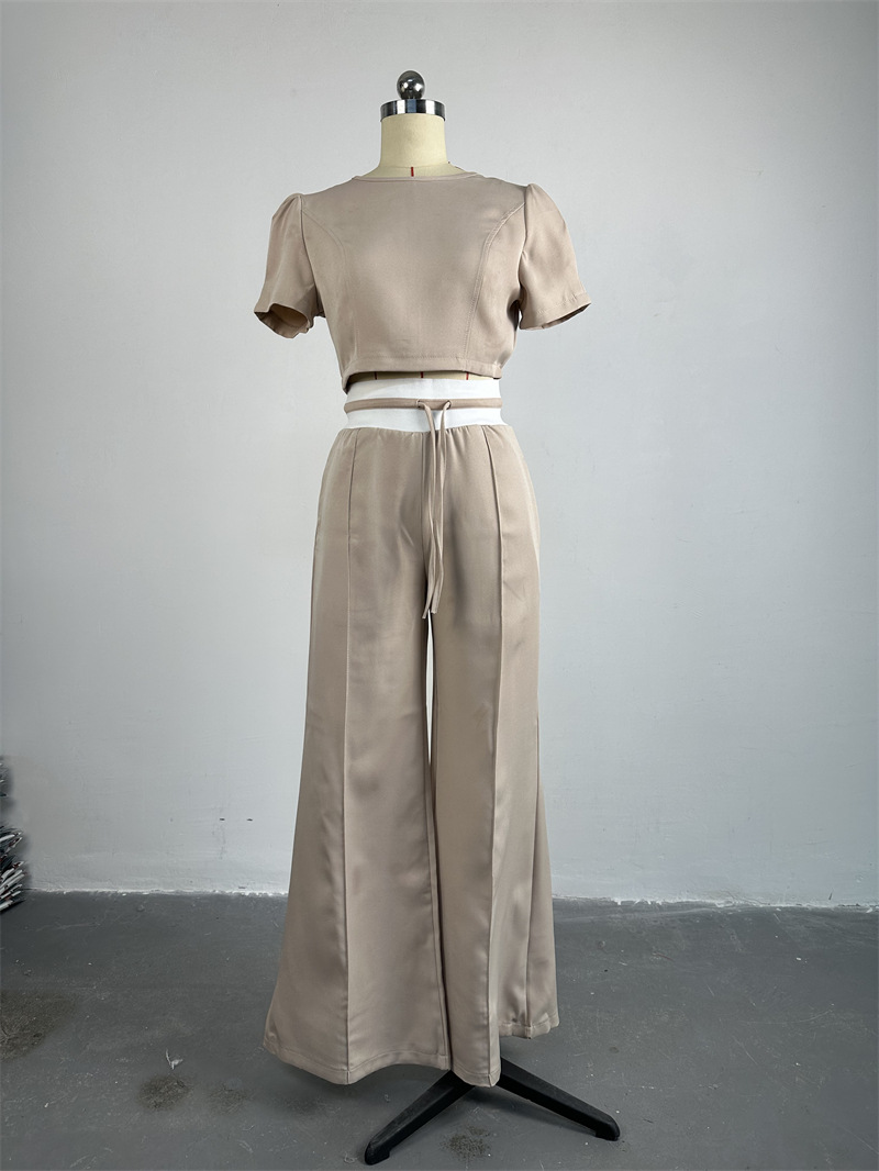 Women Clothing Spring Summer Round Neck Puff Sleeve Top Lace Up Wide Leg Pants Casual Suit