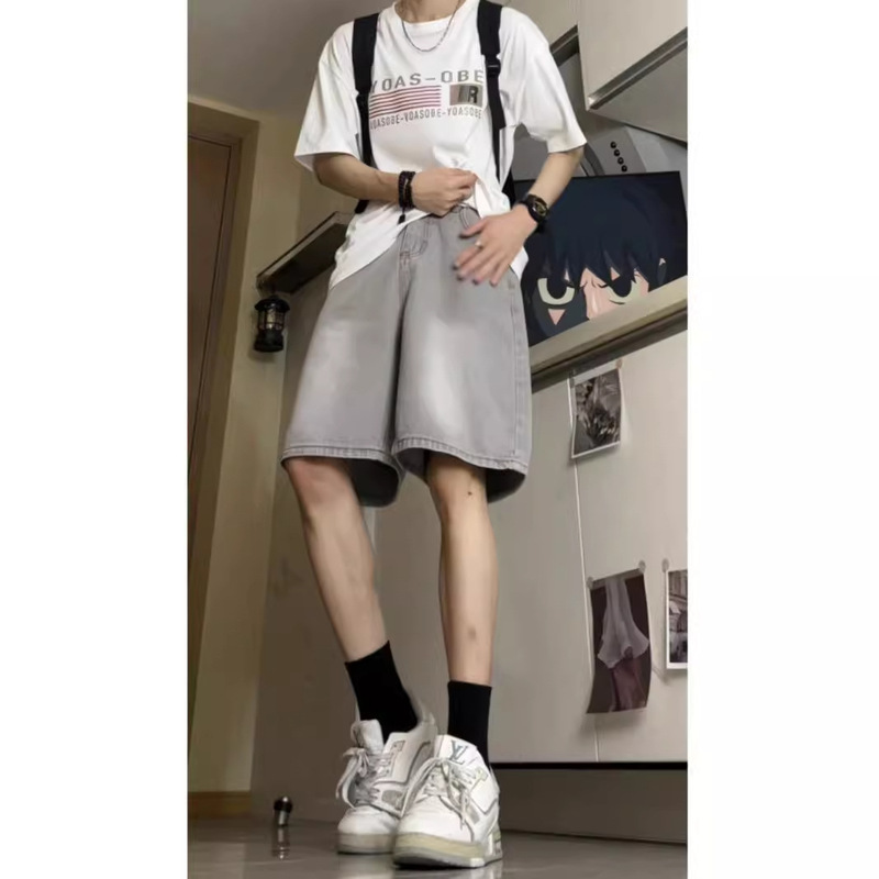 Soot Cement Color Denim Shorts Men's Summer Puppies Handsome High-end Sense Pants oversize Over-the-knee Workwear Six-point Pants