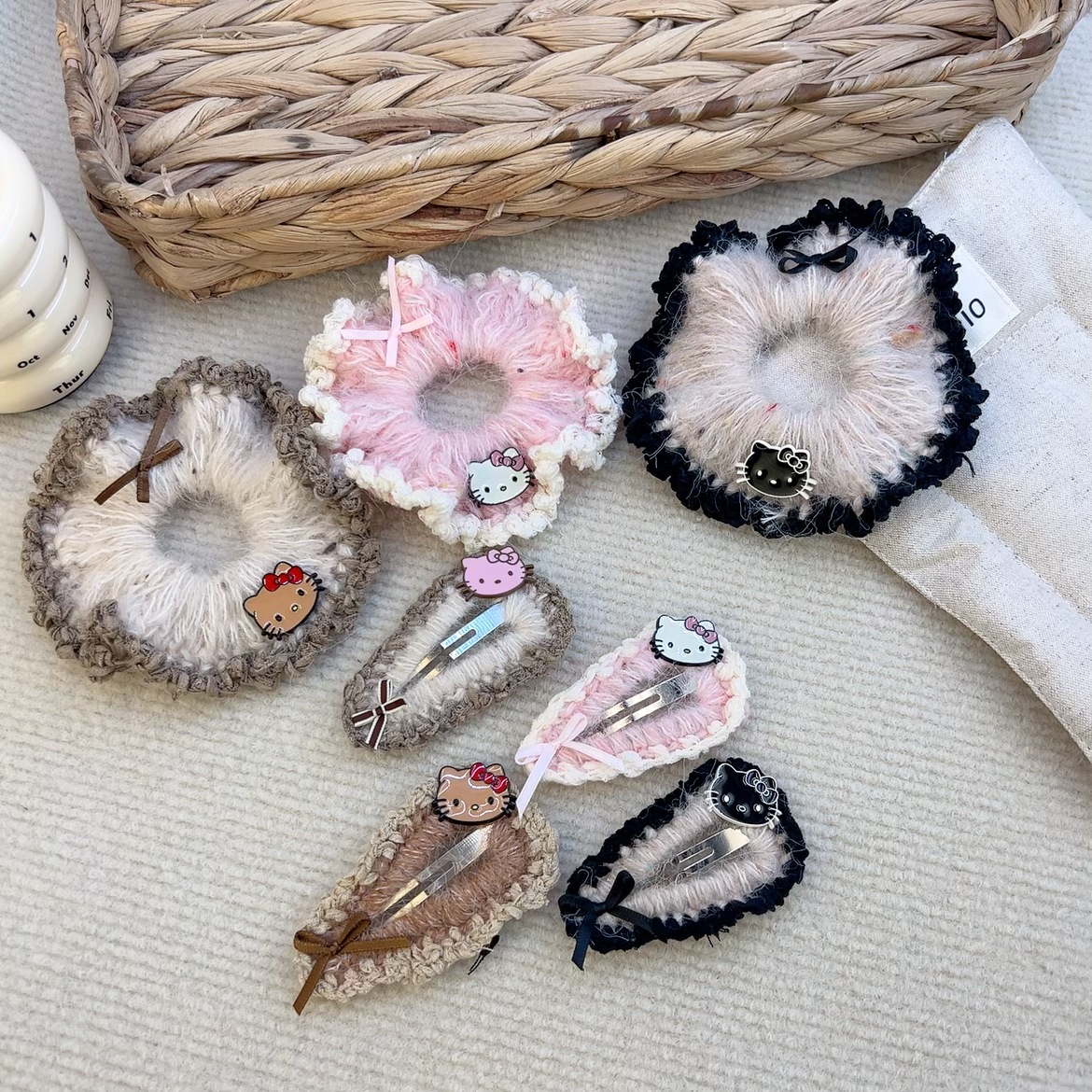 韓版新款甜美少女可愛KT蝴蝶結毛線大腸發圈扎馬尾高彈力發圈髮飾