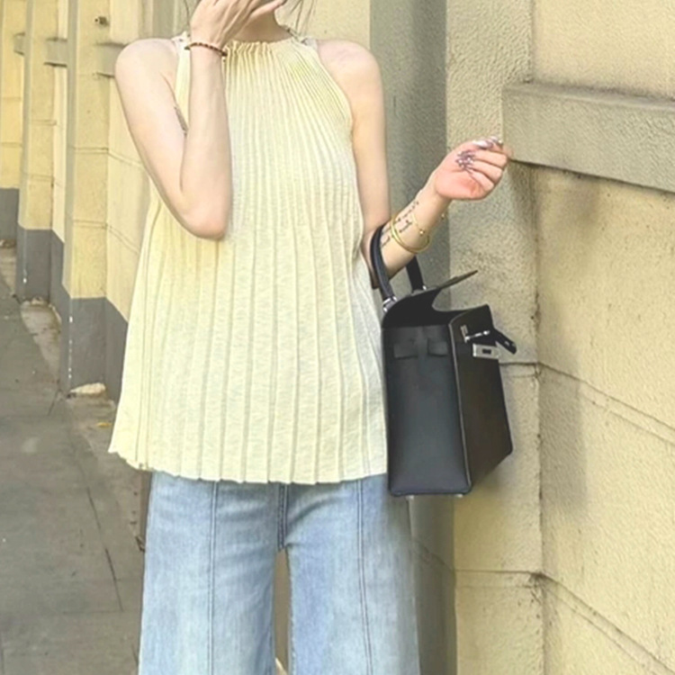 純粋な欲望のホットガールプリーツノースリーブベスト女性の夏の新しいデザインニッチホルターネック痩身トップ|undefined