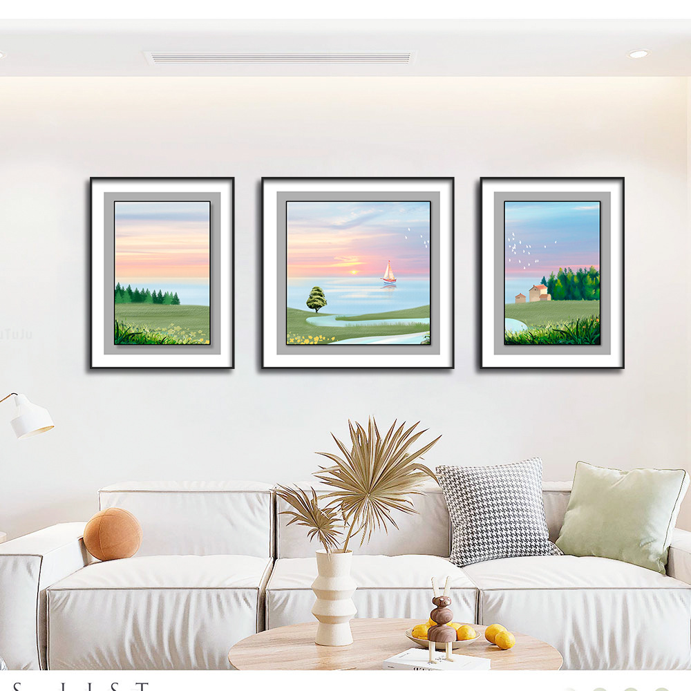 Sofá pared de fondo pintura triple tallada textura de cuero bronceado paisaje pintura decorativa sala de estar sofá pared de fondo