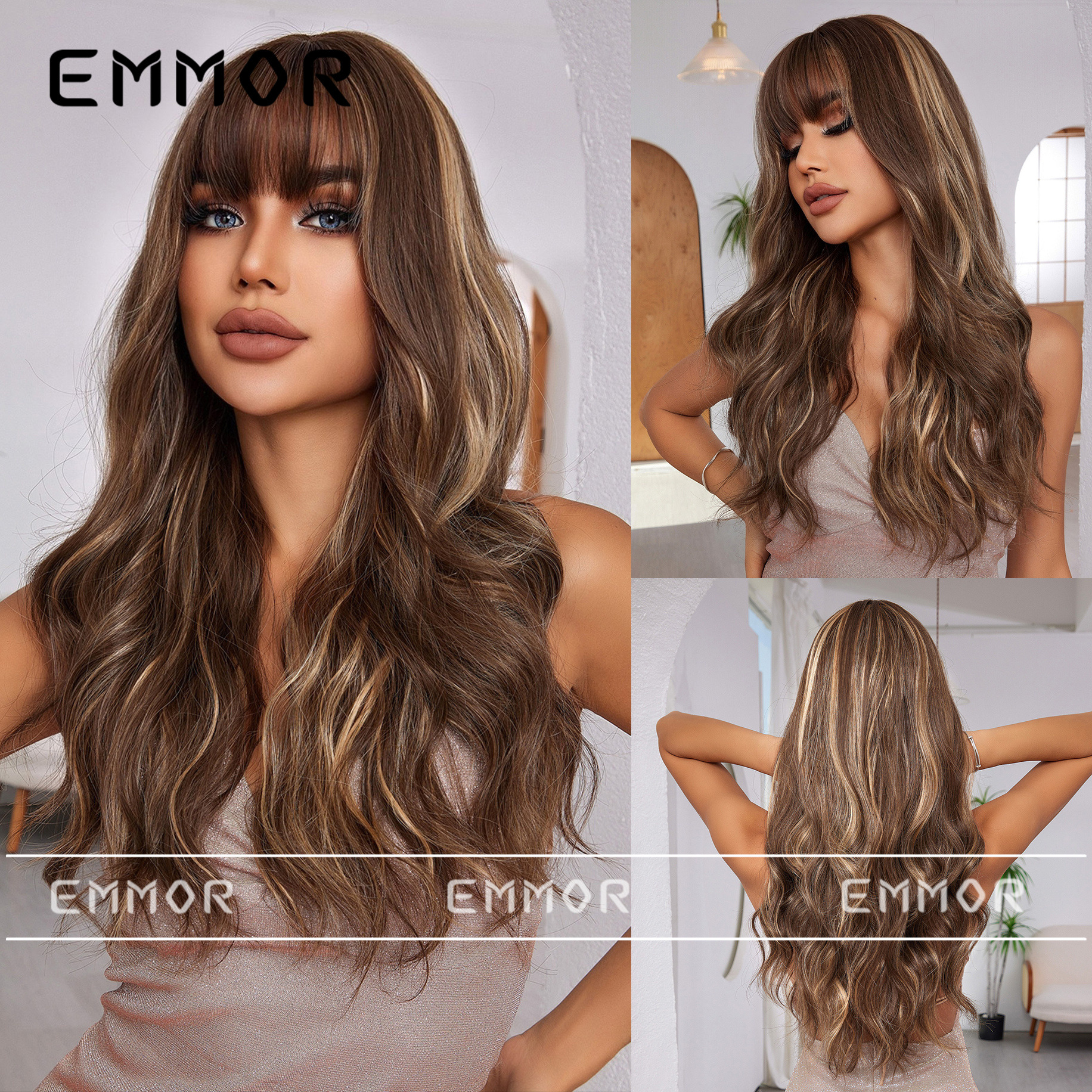 Peluca de pelo largo de las mujeres cubierta de la cabeza completa flequillo de aire natural superior largo pelo rizado moda perezoso agua ondulación peluca