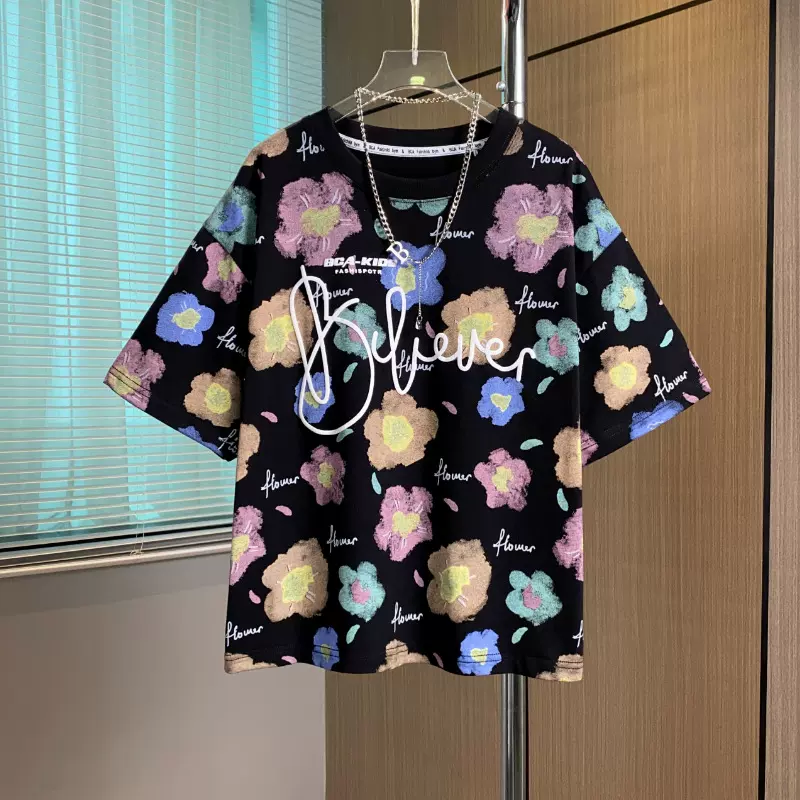 男童短袖T恤夏季新款棉印花上衣2025女孩休闲儿童衣服潮一件代发