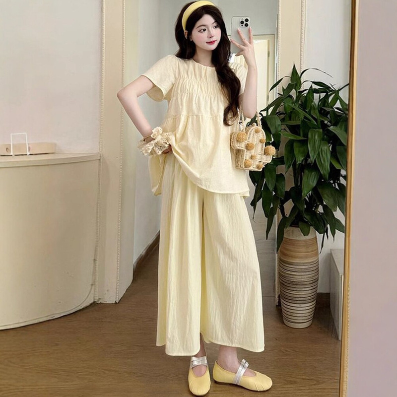 Simple Style Maternity Summer Outfit, Fashionable and Trendy Casual Loose Short-Sleeve Wide-Leg Pants Two-Piece Set